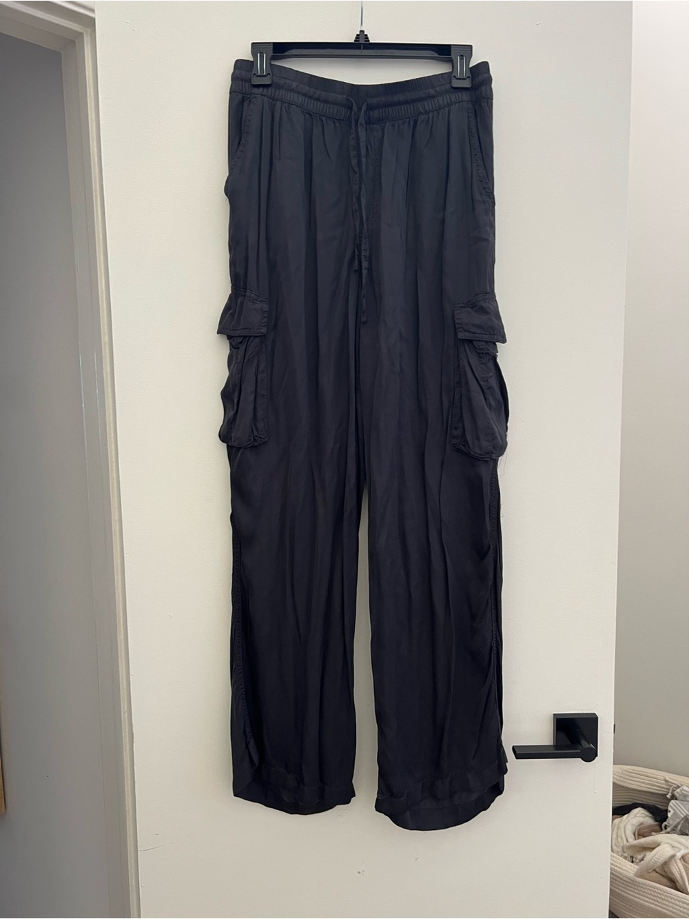 Black Satin Wide Leg Cargo Parachute Pants